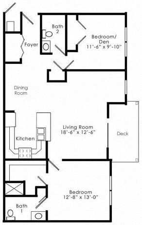 Floor plan for 1 bed, 1.5 baths, 1052 sqft